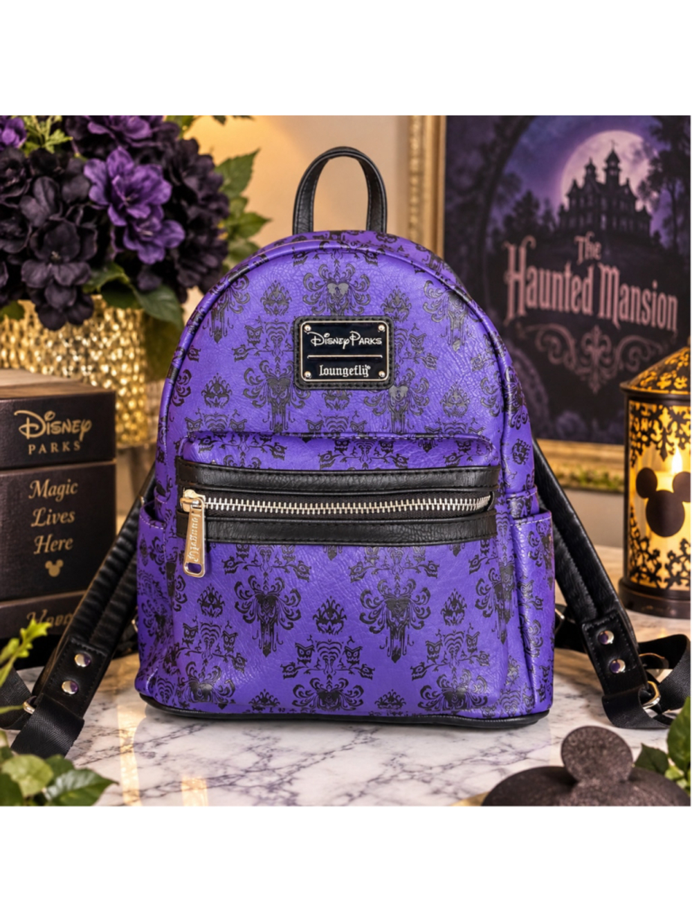 Disney Parks Loungefly Haunted Mansion Wallpaper Purple Mini Backpack Bag